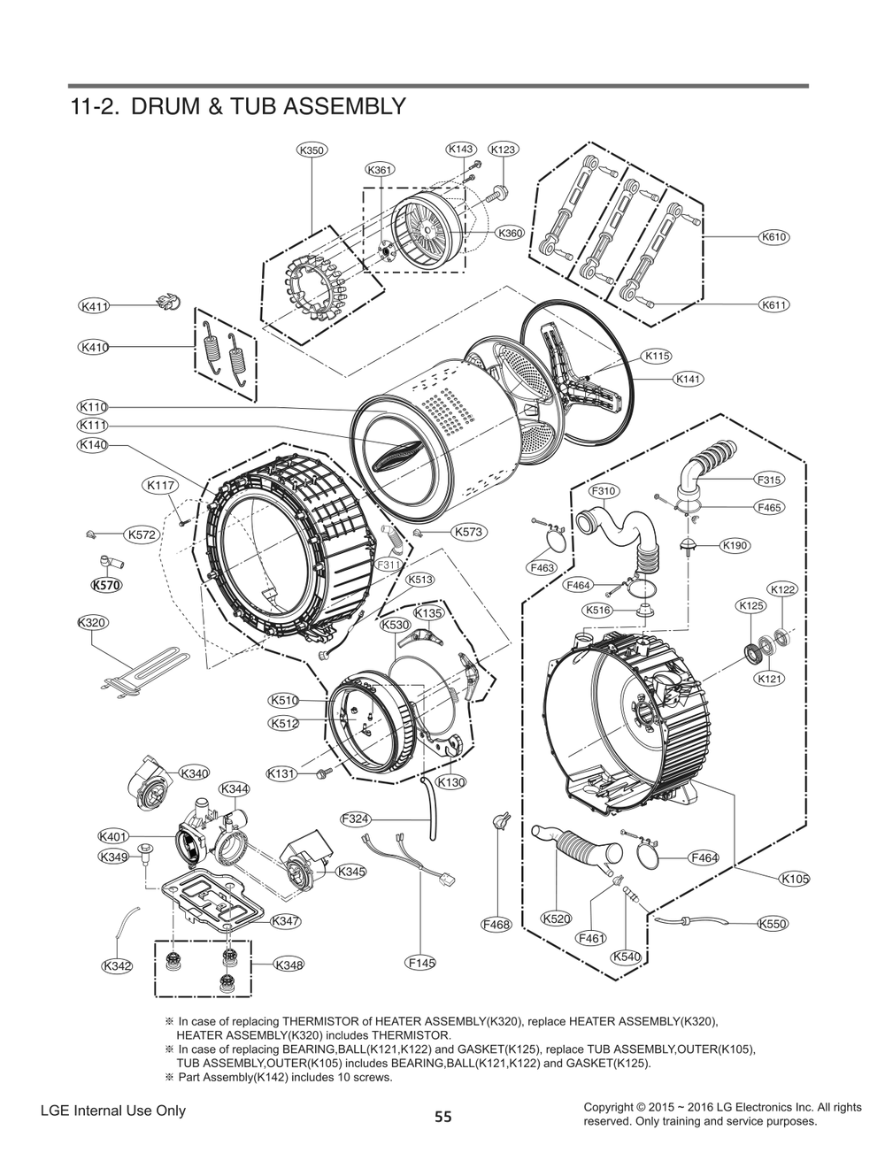 Drum And Tub Assembly Diagram and Parts List for FH3C8CDYK7 ASSEEUS LG Washer