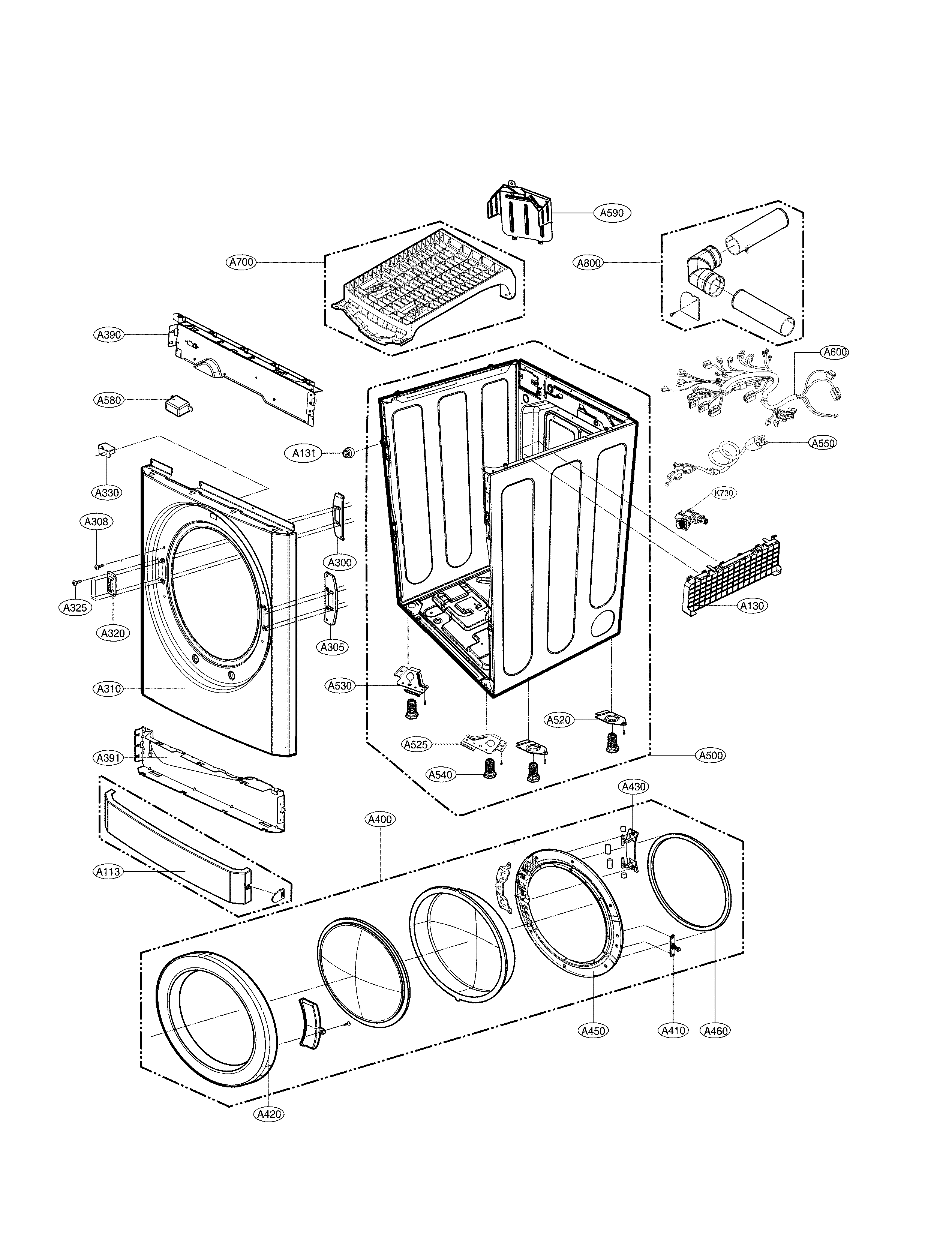 Drum And Tub Parts Diagram and Parts List for 79691392610  Kenmore Dryer