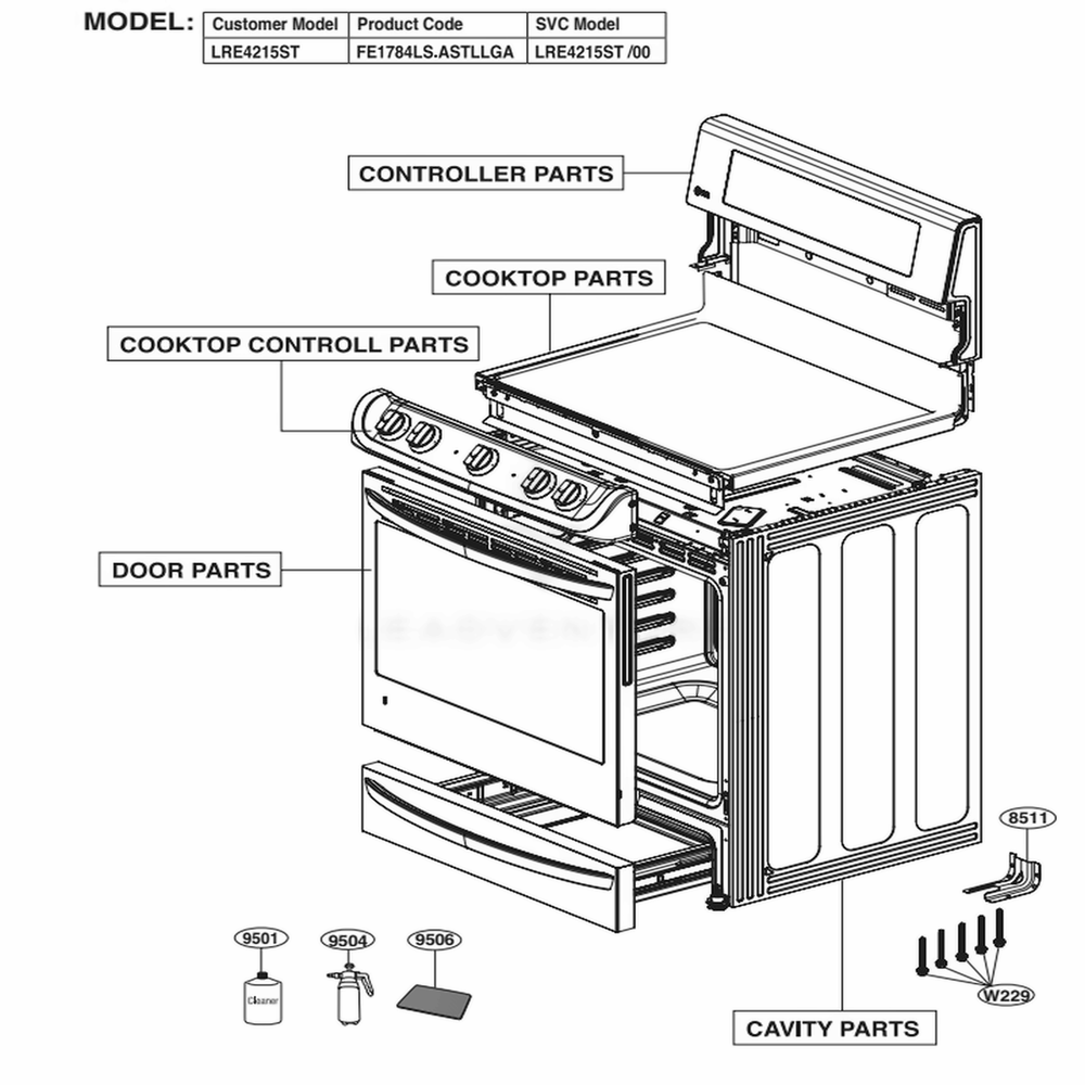 Main Diagram and Parts List for LRE4215ST ASTLLGA LG Range