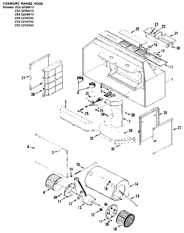 Range Hood Diagram and Parts List for 2335248910  Kenmore Range Hood