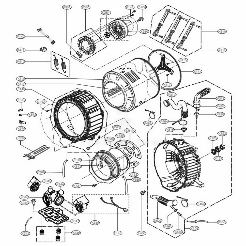 Drum And Tub Assembly Diagram and Parts List for WM3997HVA ASSEEUS LG Washer