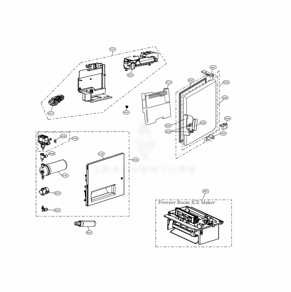 Ice Maker And Ice Bin Parts Diagram and Parts List for LRFVS3006S ASTCNA0 LG Refrigerator