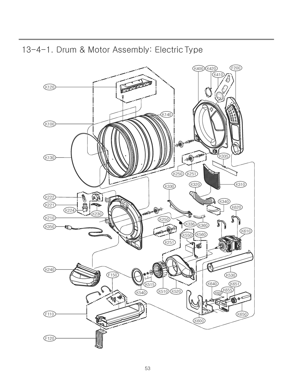 Drum And Motor Assembly Diagram and Parts List for RV1398AS ABWEEUS LG Dryer