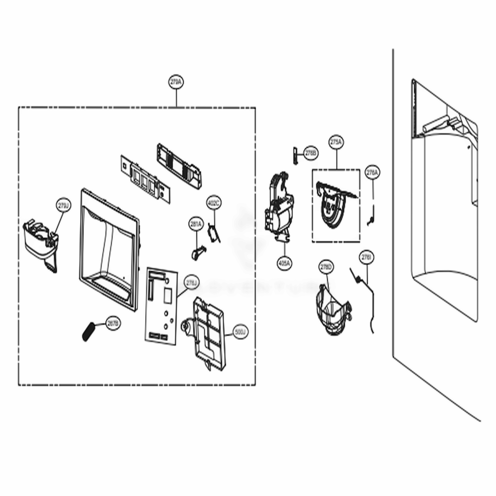Dispenser Parts Diagram and Parts List for 74043 ASTCSE2 LG Refrigerator