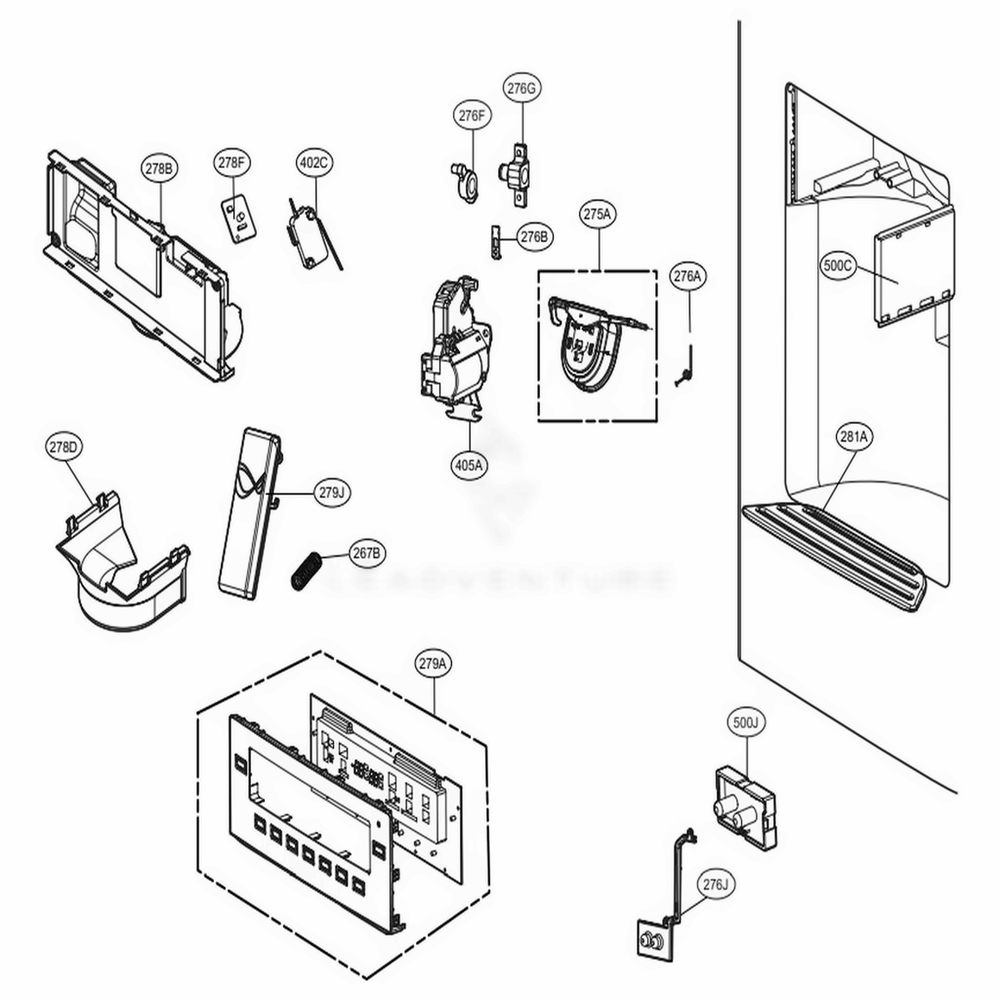 Dispenser Parts Diagram and Parts List for 72059 AWBCSE0 LG Refrigerator
