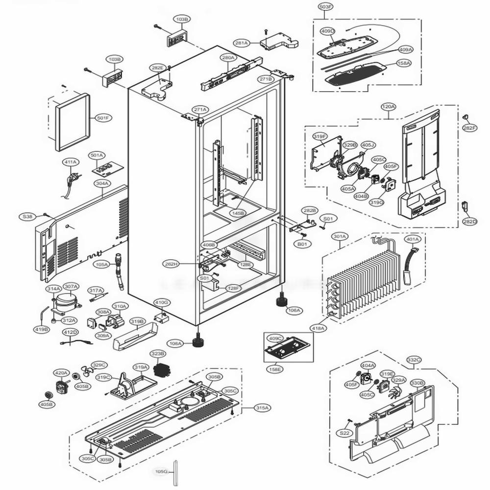 Case Parts Diagram and Parts List for 73033 ASTCSE0 LG Refrigerator