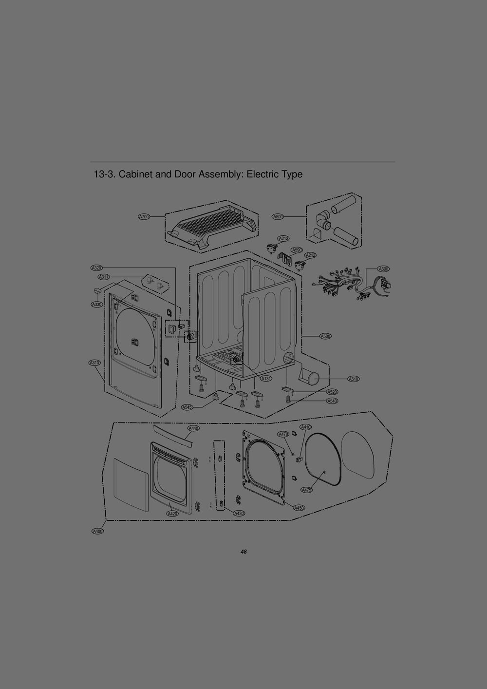 Cabinet And Door Assembly Diagram and Parts List for RV1380ES ASSEEUS LG Dryer
