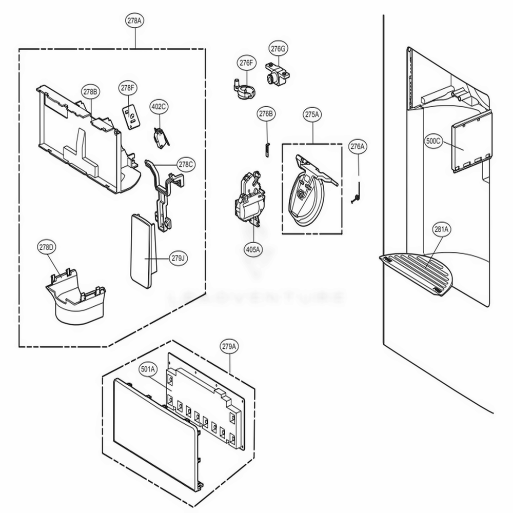 Dispenser Parts Diagram and Parts List for 73063 ASTCSE0 LG Refrigerator