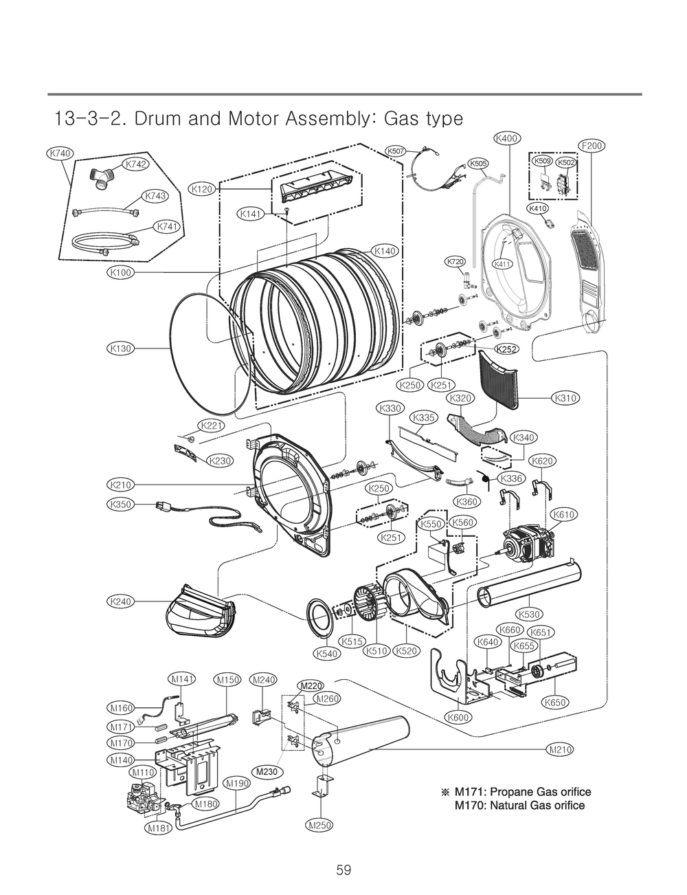 Drum And Motor Assembly Diagram and Parts List for RN13B2AS ABWEEUS LG Dryer