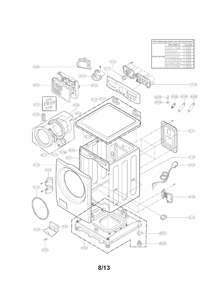 Cabinet And Control Panel Assembly Parts Diagram and Parts List for WM3050CW  LG Washer