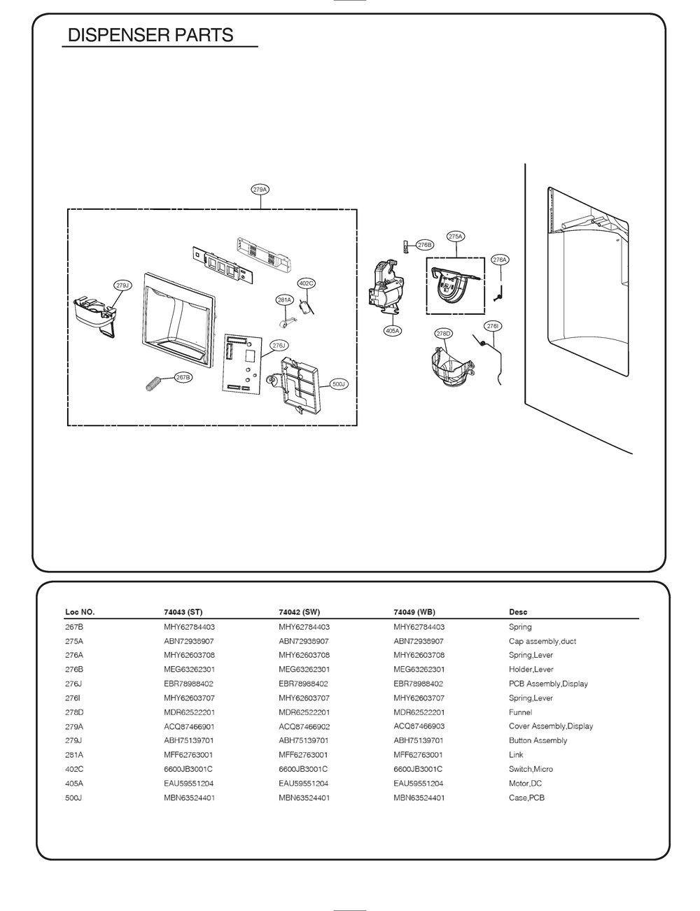 Dispenser Parts Diagram and Parts List for GR-L268LQTM ASWCSE2 LG Refrigerator