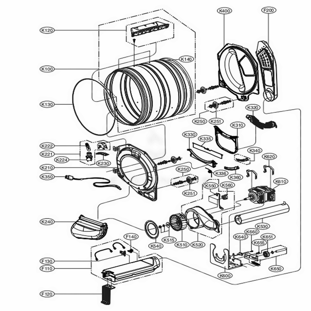 Drum And Motor Assembly Diagram and Parts List for DLE3050W ABWEEUS LG Dryer