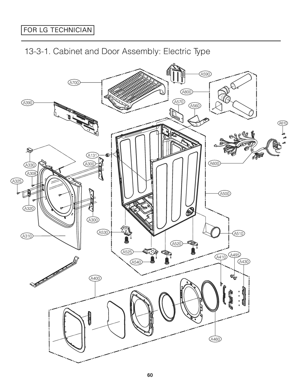 Cabinet And Door Assembly Diagram and Parts List for RV1393ES ASSEEUS LG Dryer