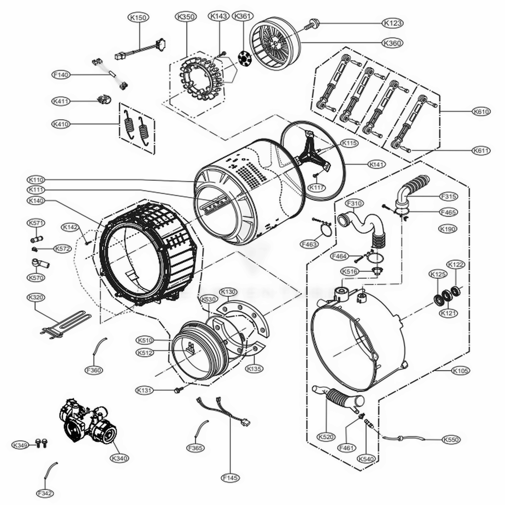 Drum And Tub Assembly Diagram and Parts List for TCW2013CS3 ASSEELC LG Washer