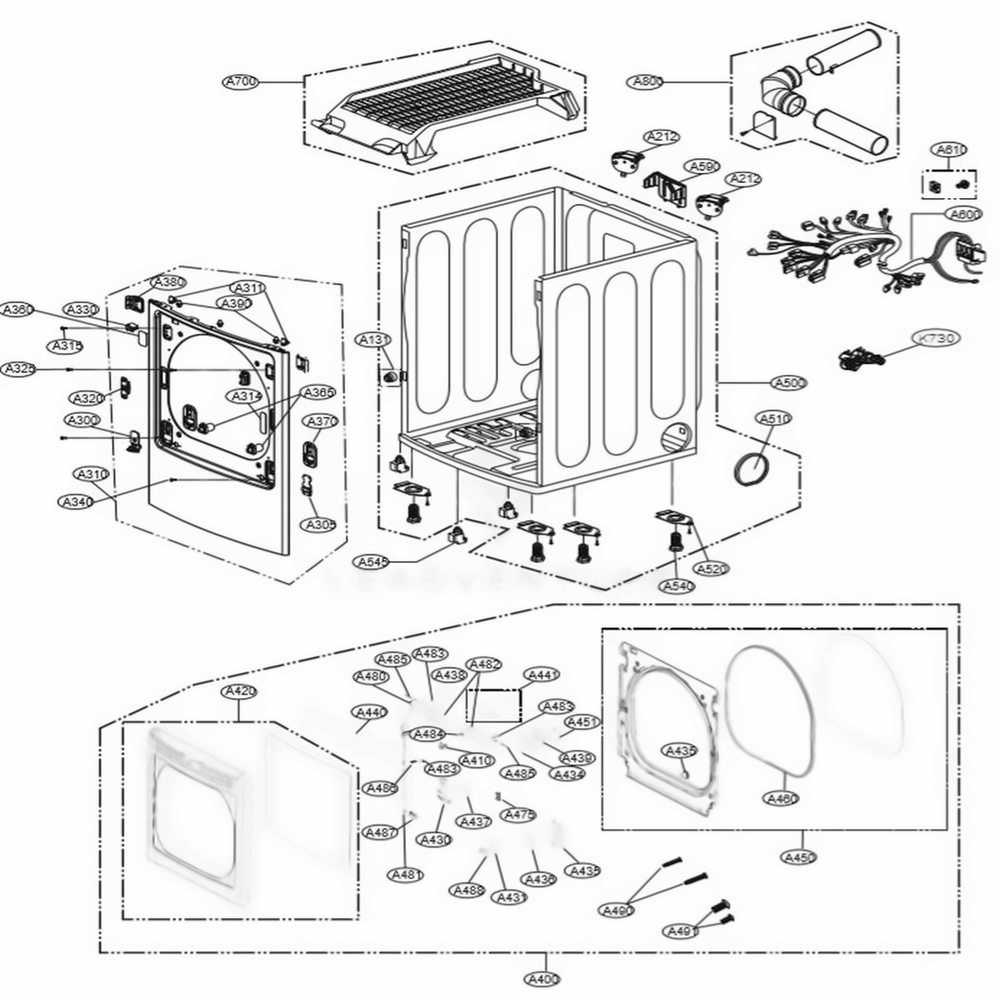 Cabinet And Door Assembly Diagram and Parts List for DLEX7850WE ABWEEUS LG Dryer