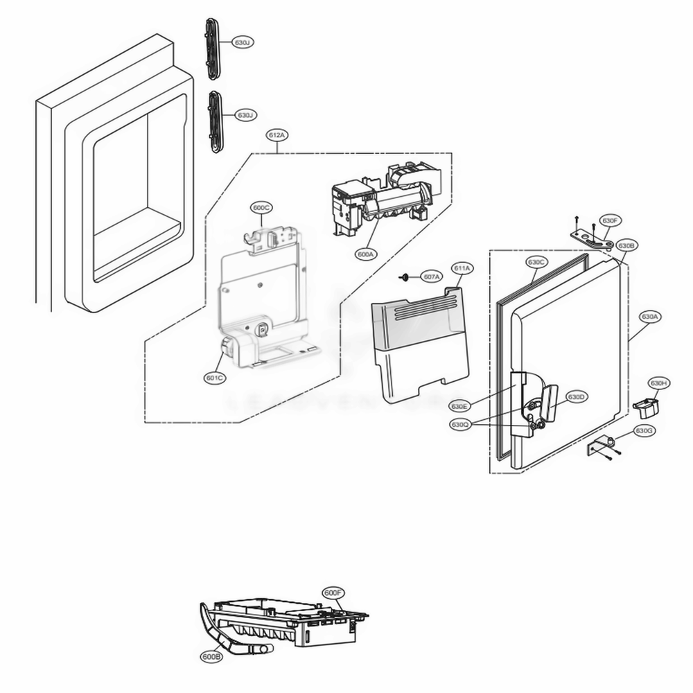 Ice Maker And Ice Bin Parts Diagram and Parts List for LFXC22596D ASBCNA2 LG Refrigerator