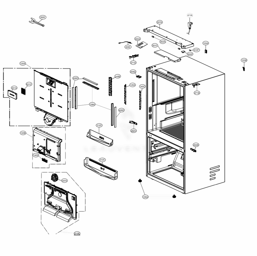 Case Parts Diagram and Parts List for LRFVS3006D ASBCNA0 LG Refrigerator