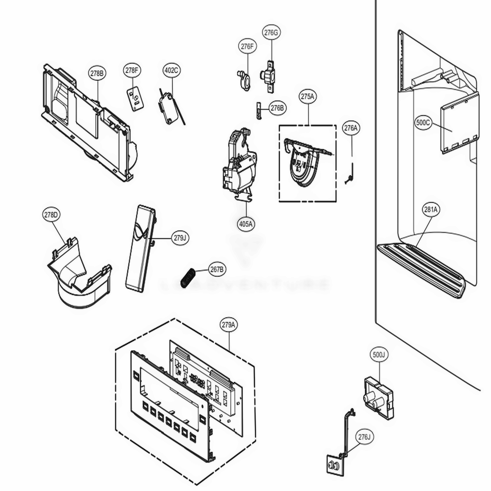 Dispenser Parts Diagram and Parts List for 72059 AWBCSE5 LG Refrigerator