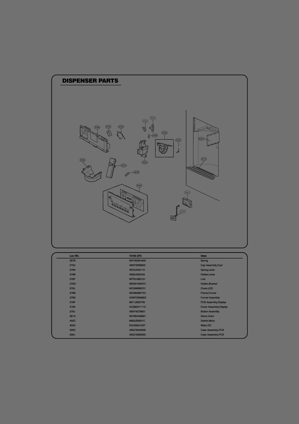 Dispenser Parts Diagram and Parts List for GR-J338HSTP ASTCSE1 LG Refrigerator