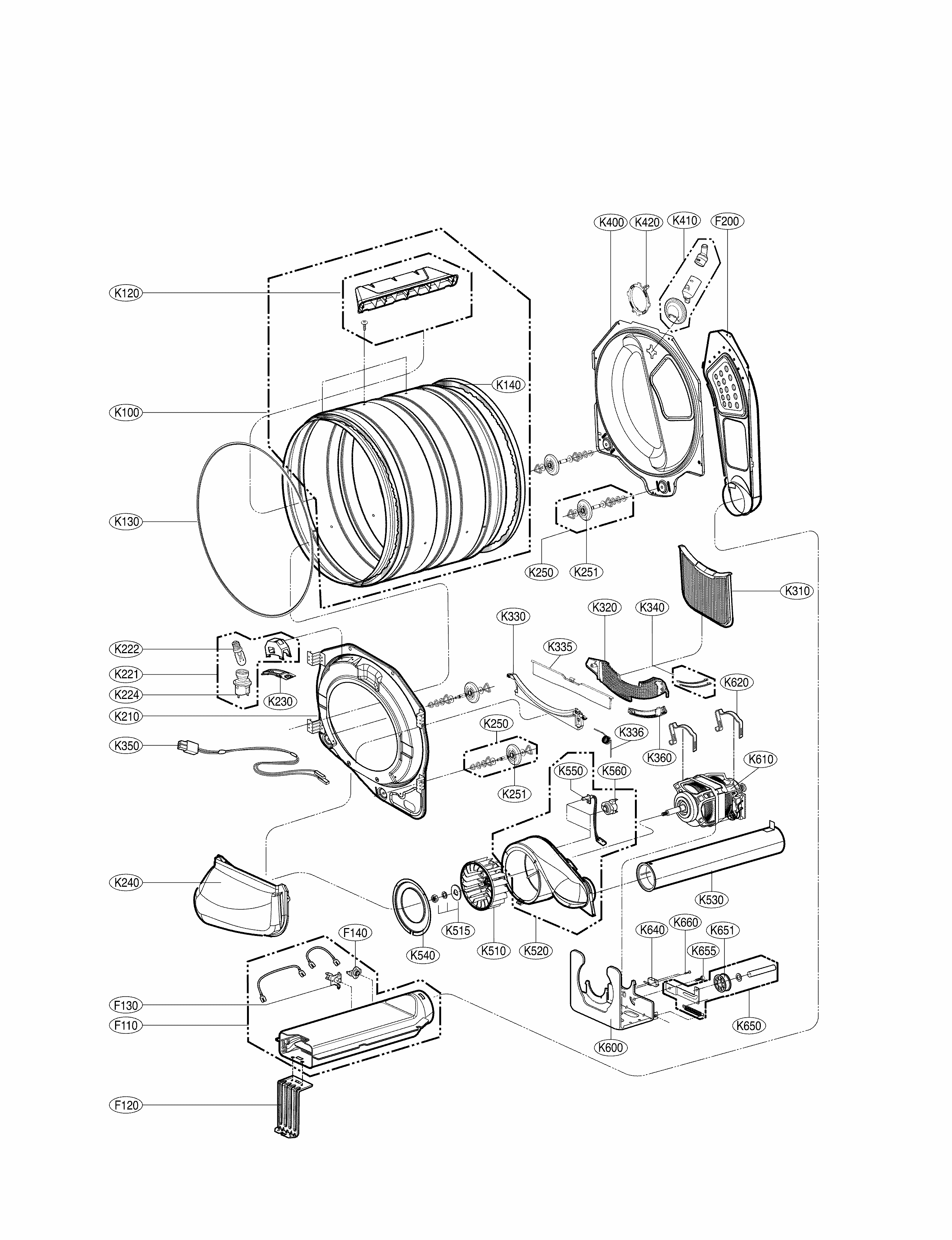 Drum And Motor Parts Diagram and Parts List for 79681373210  Kenmore Dryer