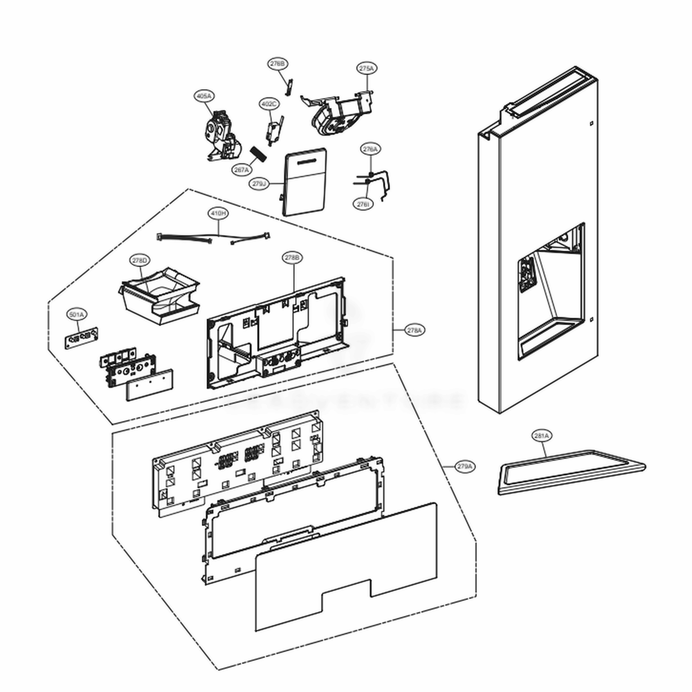 Dispenser Parts Diagram and Parts List for LSFXC2496D ASBCNA1 LG Refrigerator