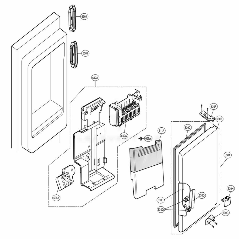 Ice Maker And Ice Bin Parts Diagram and Parts List for 72483 ASTCSE2 LG Refrigerator