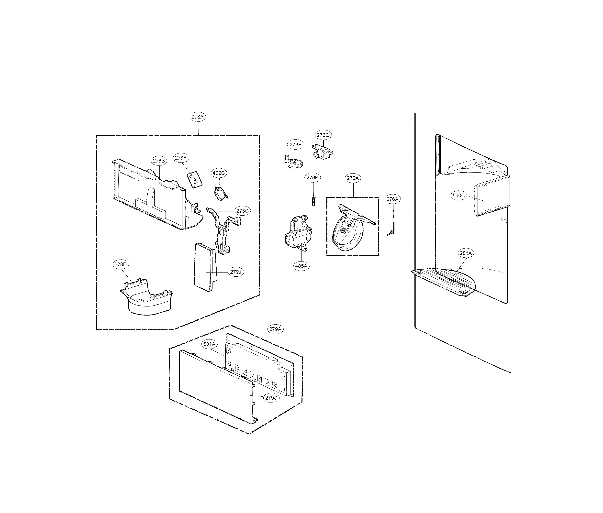 Dispenser Parts Diagram and Parts List for 79570322312  Kenmore Refrigerator