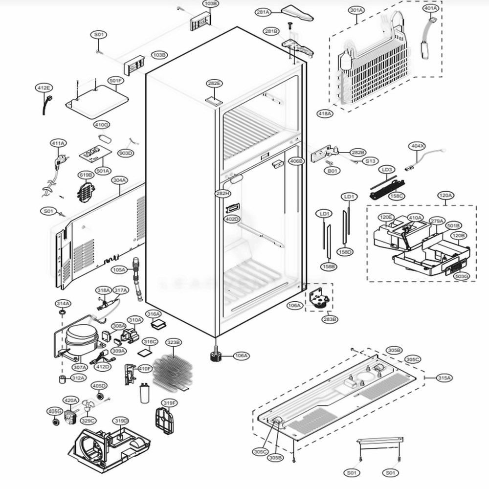 Case Parts Diagram and Parts List for 68033 ASTCSE1 LG Refrigerator