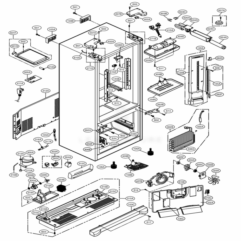 Case Parts Diagram and Parts List for 71014 ABICSE2 LG Refrigerator