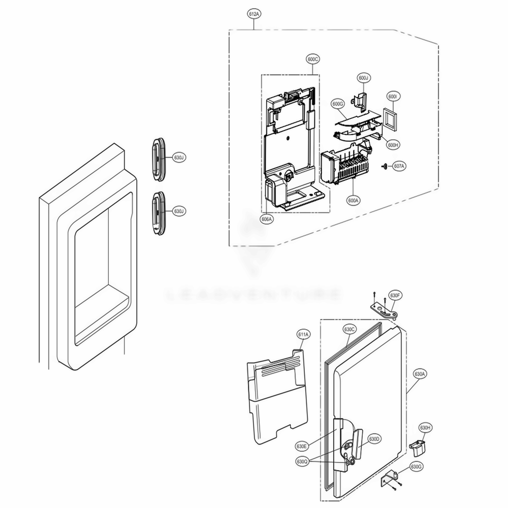 Ice Maker And Ice Bin Parts Diagram and Parts List for LFXS30786S ASTCNA0 LG Refrigerator