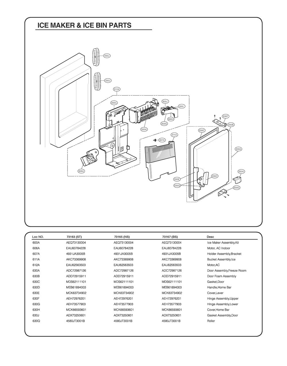 Ice Maker And Ice Bin Parts Diagram and Parts List for GR-J298LSXM ANSCSE1 LG Refrigerator