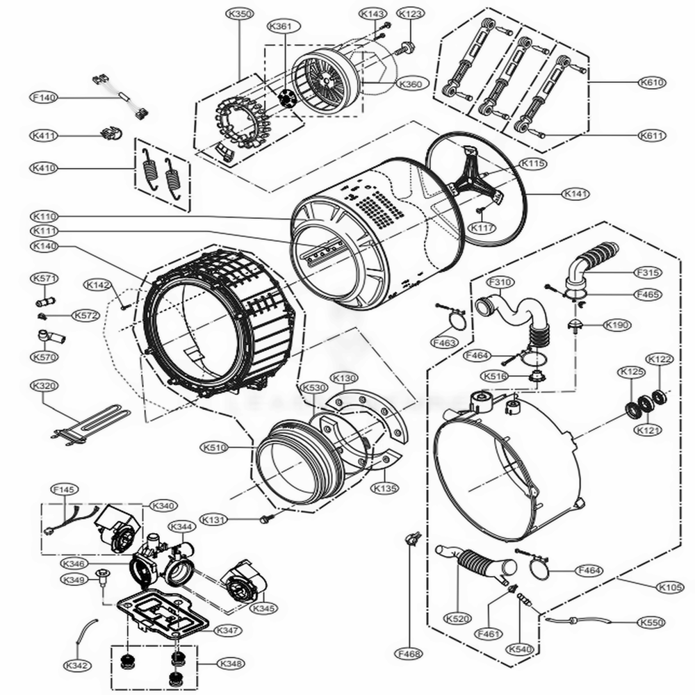Drum And Tub Assembly Diagram and Parts List for 41473 ASTESEU LG Washer Dryer Combo