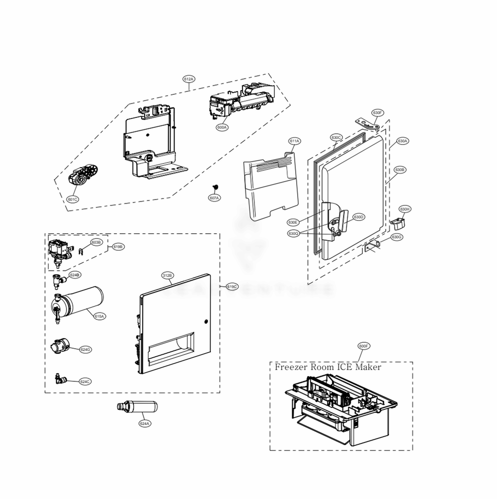 Ice Maker And Ice Bin Parts Diagram and Parts List for LRFVC2406S ASTCNA0 LG Refrigerator