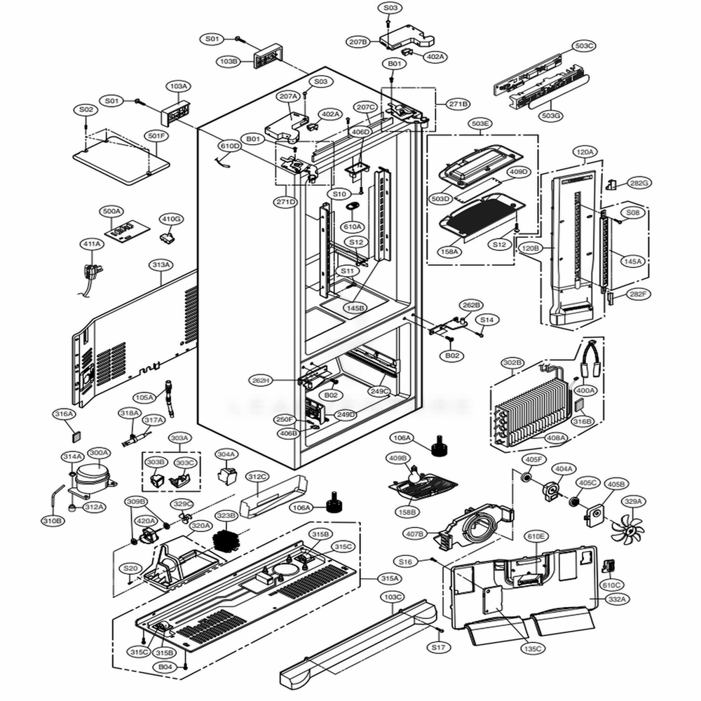Case Parts Diagram and Parts List for 71609 AWBCSE0 LG Refrigerator