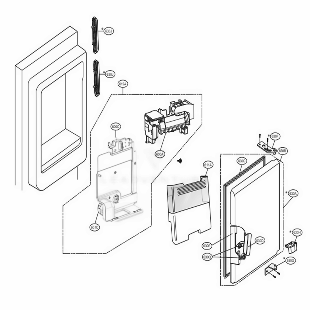 Ice Maker And Ice Bin Parts Diagram and Parts List for LMXS28596M AMTCNA1 LG Refrigerator