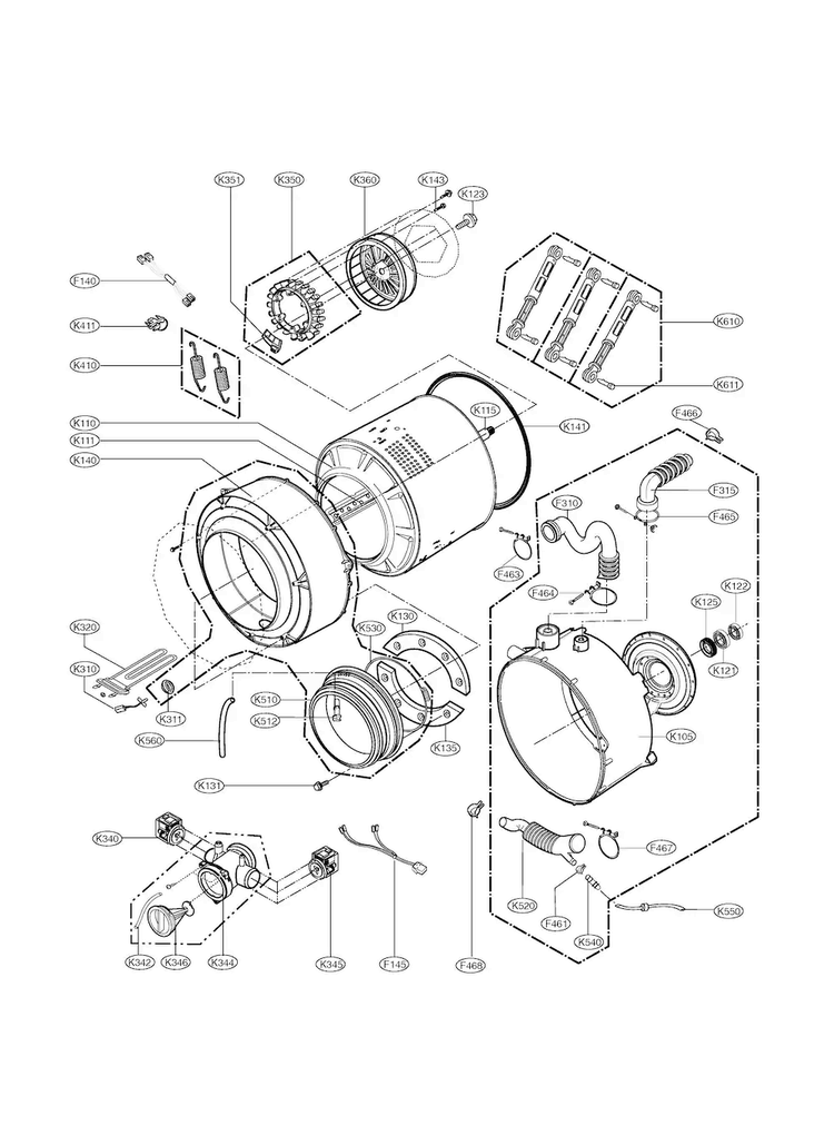 Drum & Tub Diagram and Parts List for WM2677HWM  LG Washer