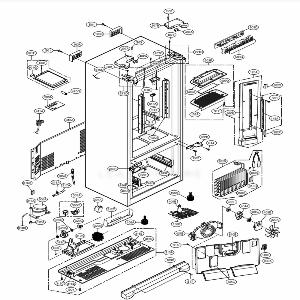 Case Parts Diagram and Parts List for 71609 AWBCSE1 LG Refrigerator