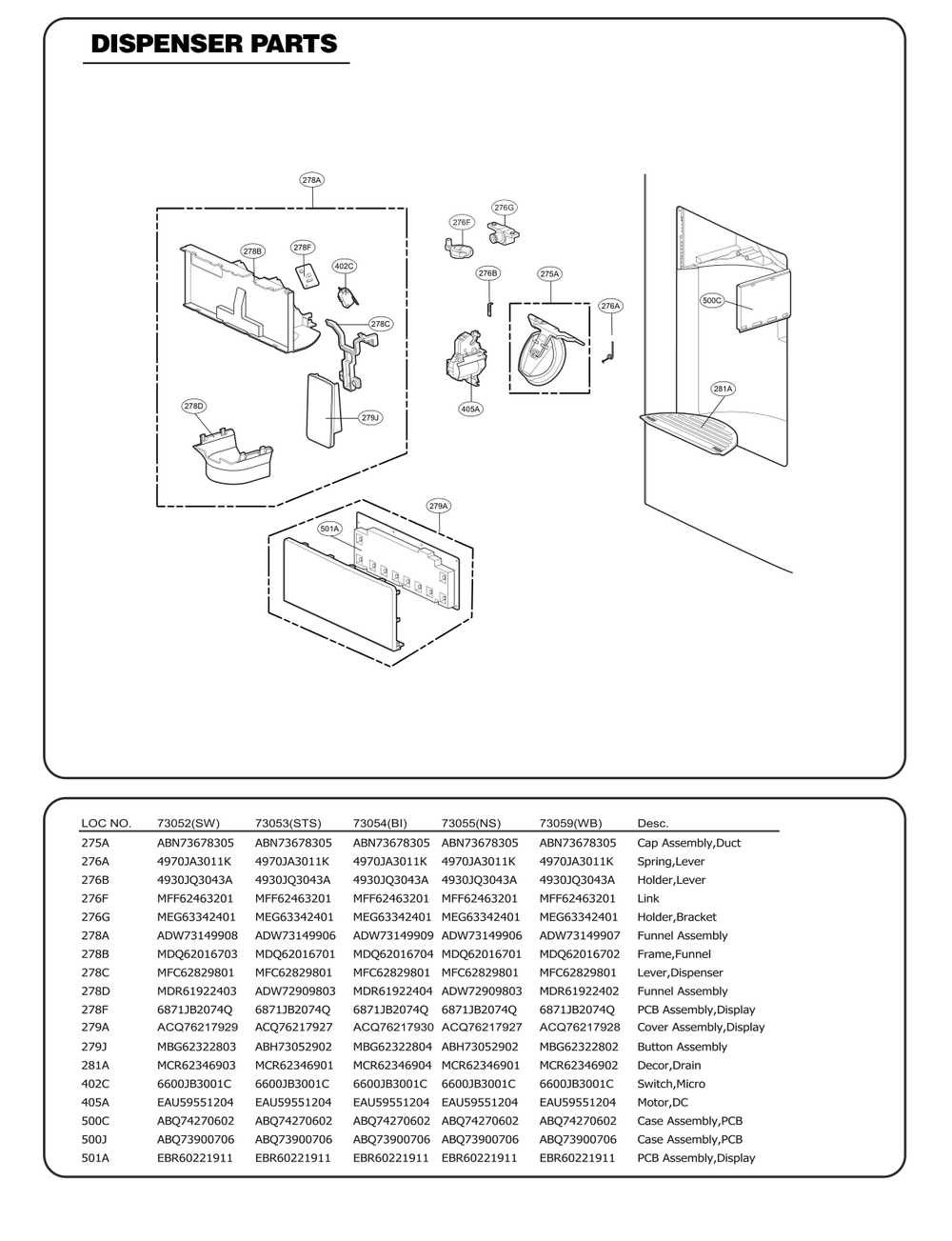 Dispenser Parts Diagram and Parts List for GC-L288GQXM ABICSE0 LG Refrigerator