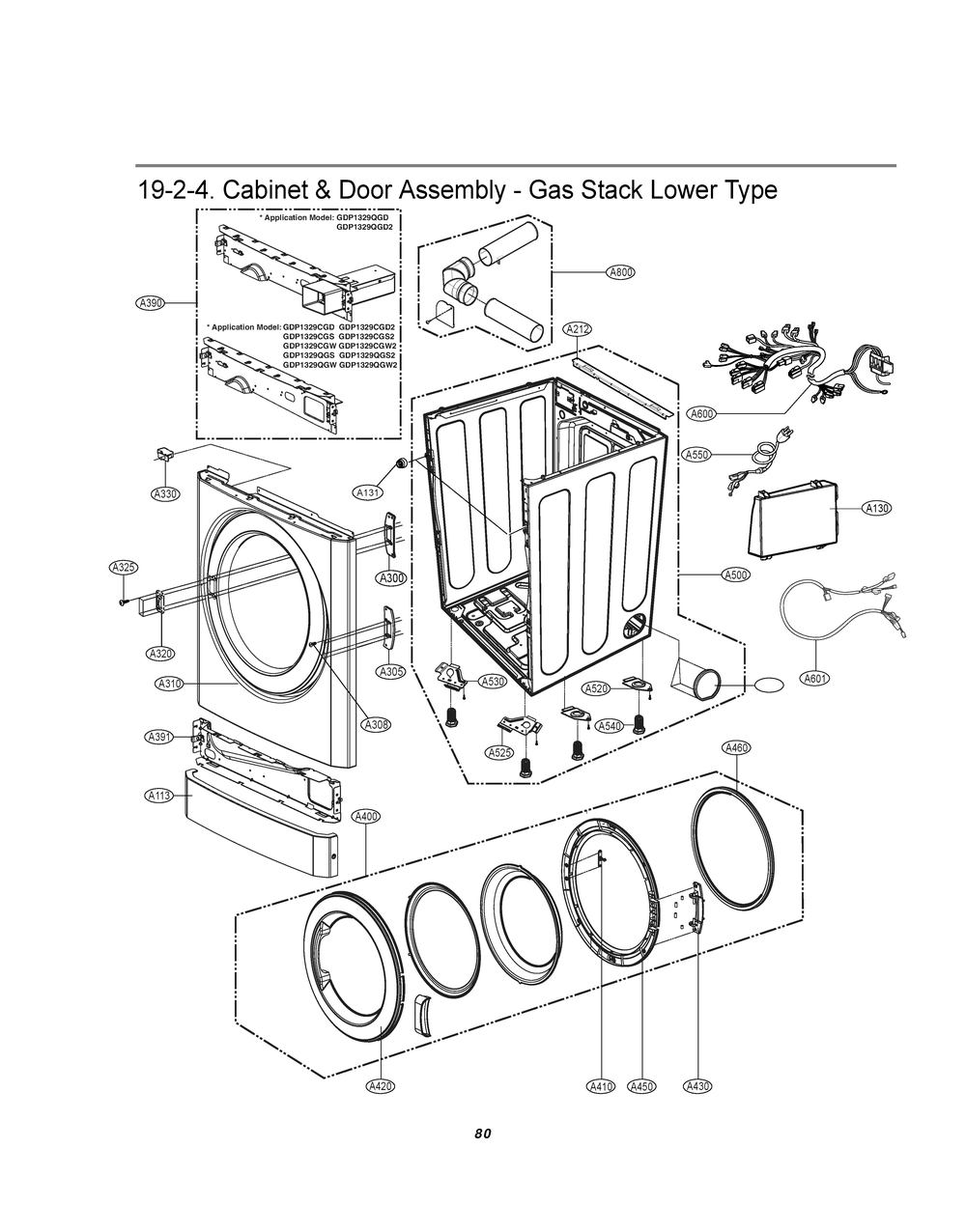 Cabinet And Door Assembly Diagram and Parts List for GDP1329QGD2 ASSEELC LG Dryer