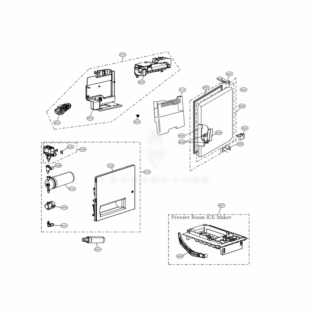 Ice Maker And Ice Bin Parts Diagram and Parts List for LRFXC2406D ASBCNA0 LG Refrigerator