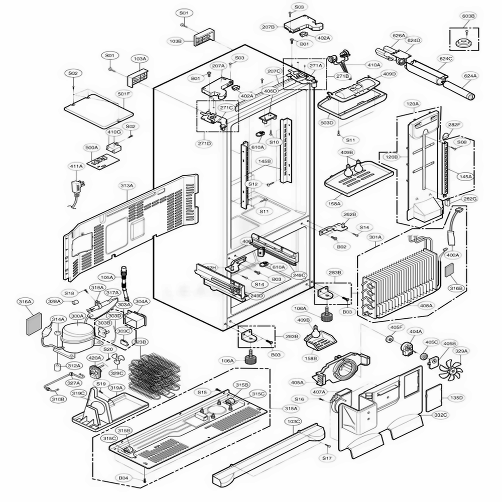 Case Parts Diagram and Parts List for 78519 AWBCSEF LG Refrigerator