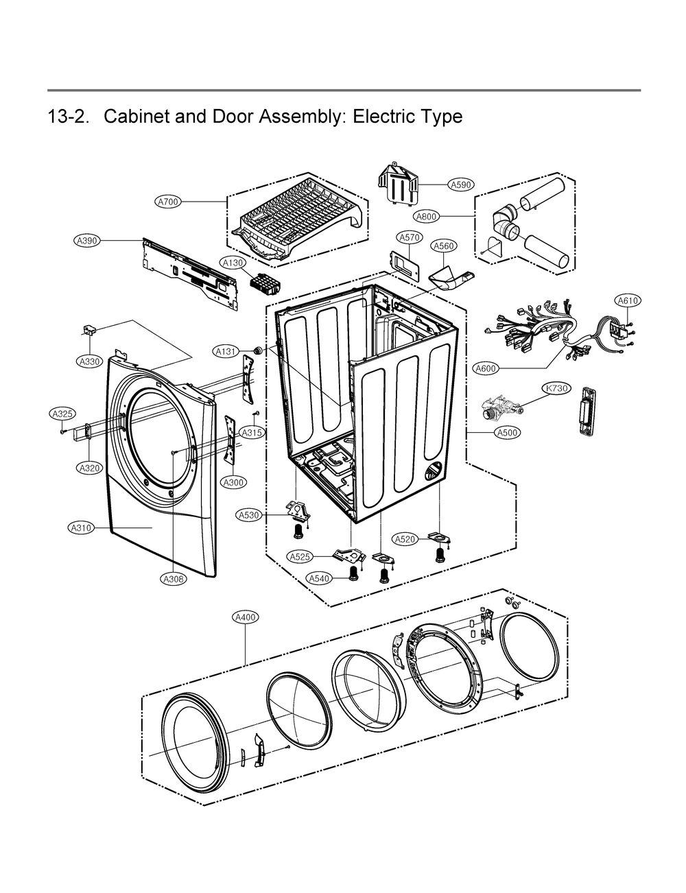 Cabinet And Door Assembly Diagram and Parts List for DLEX4080W ABWEUUS LG Dryer
