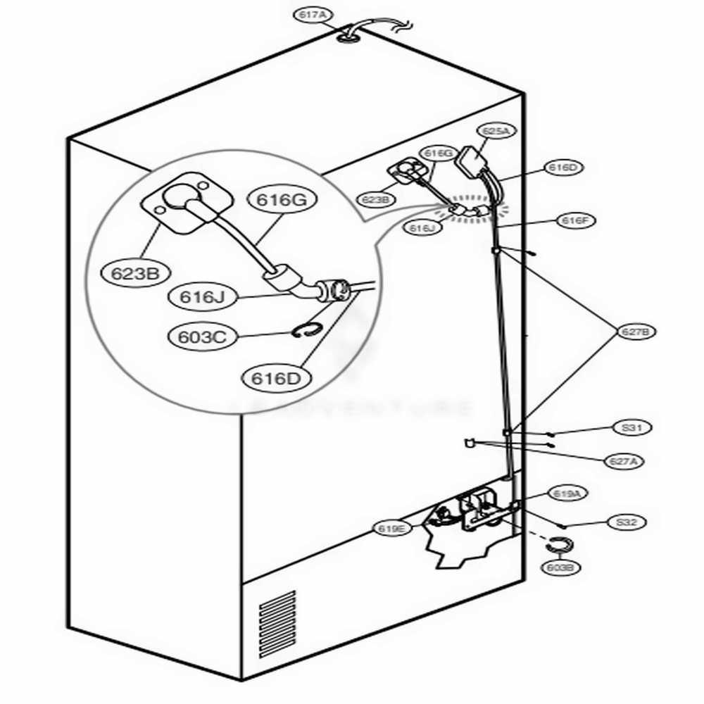 Valve And Water Tube Parts Diagram and Parts List for 79759 AWB5SER LG Refrigerator