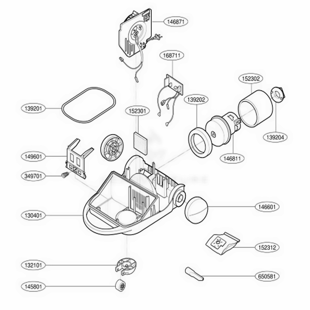 Base Assembly Body Diagram and Parts List for HFC1410EGG DGPHDB LG Canister Vacuum