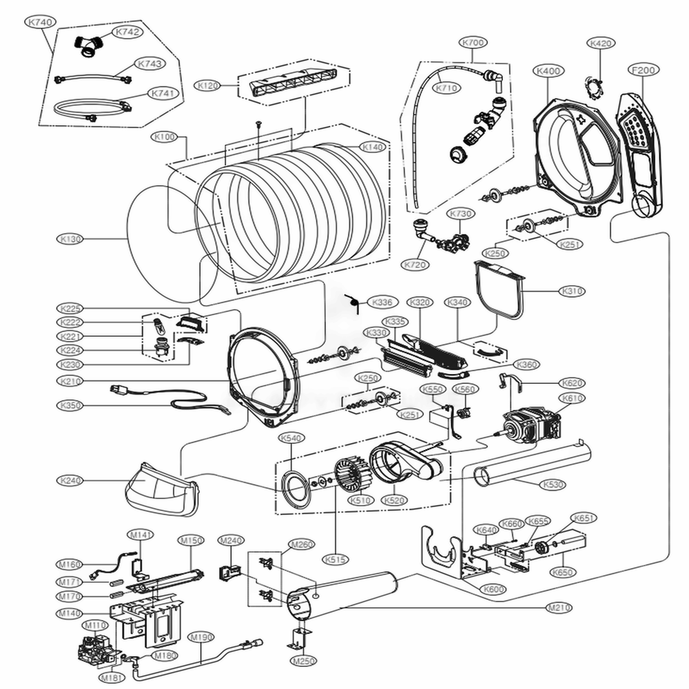Drum And Motor Assembly: Gas Type Diagram and Parts List for DLGY1702W ABWEEUS LG Dryer