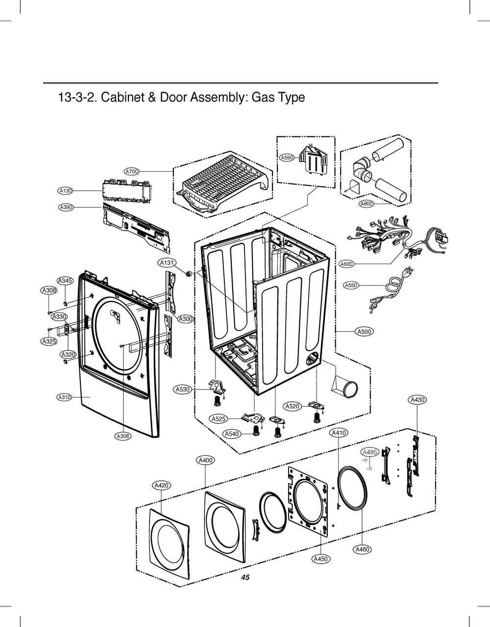 Cabinet And Door Assembly Diagram and Parts List for RN13A3ASD ABWESEU LG Dryer