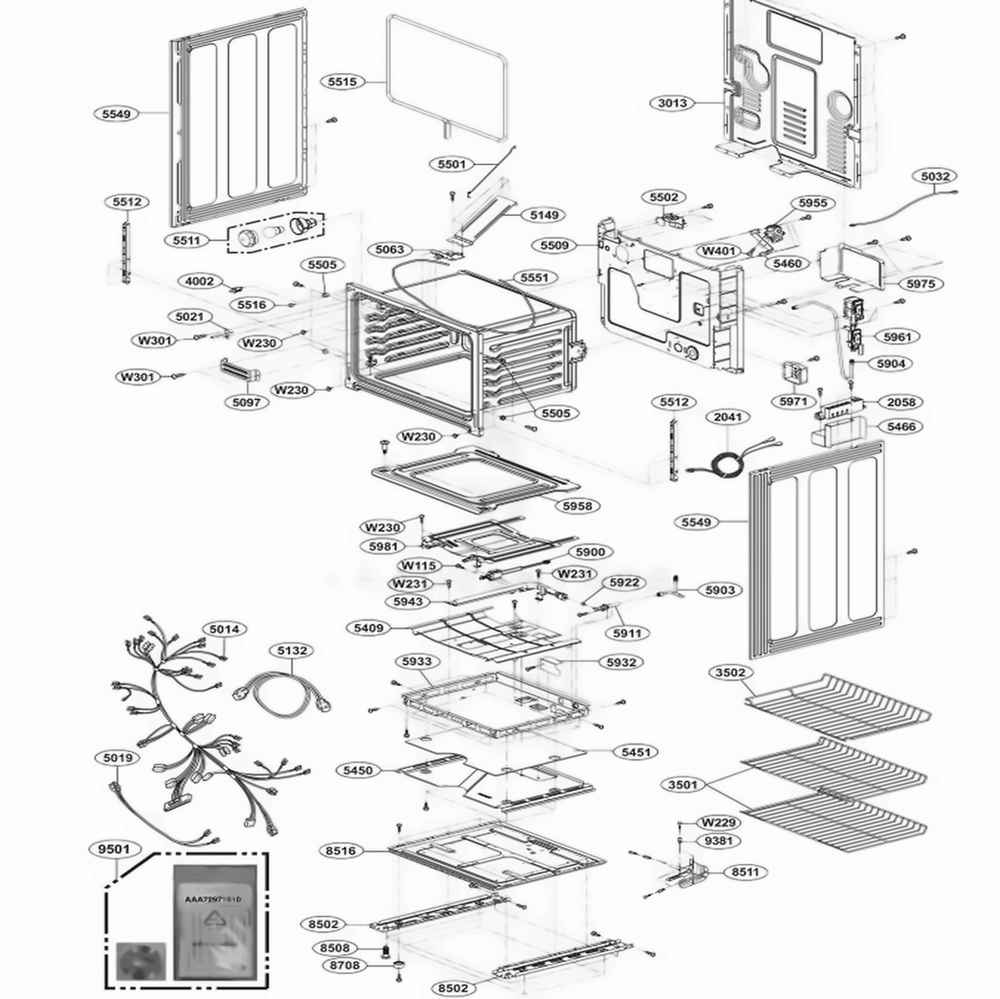 Lower Cavity Parts Diagram and Parts List for LDG3031ST FSTELGA LG Wall Oven