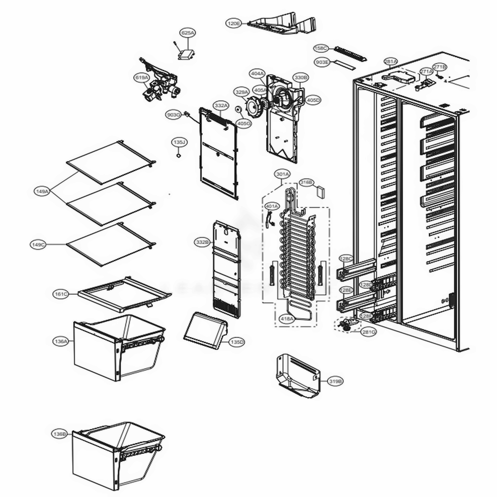 Freezer Compartment Diagram and Parts List for LSXS26366D ASBCNA1 LG Refrigerator