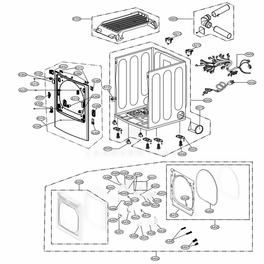 Cabinet And Door Assembly: Gas Type Diagram and Parts List for DLG7201WE ABWEEUS LG Dryer
