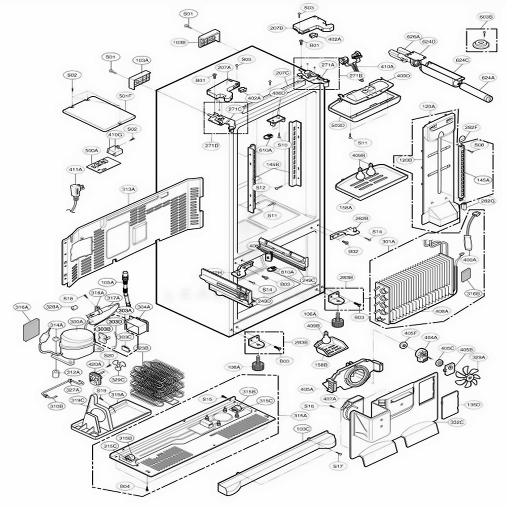 Case Parts Diagram and Parts List for 78503 ASTCSER LG Refrigerator
